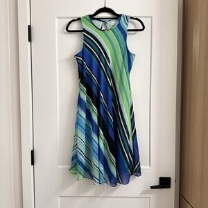 Calvin Klein Women's Blue Green Striped Chiffon Lined Trapeze Retro Dress Size 6